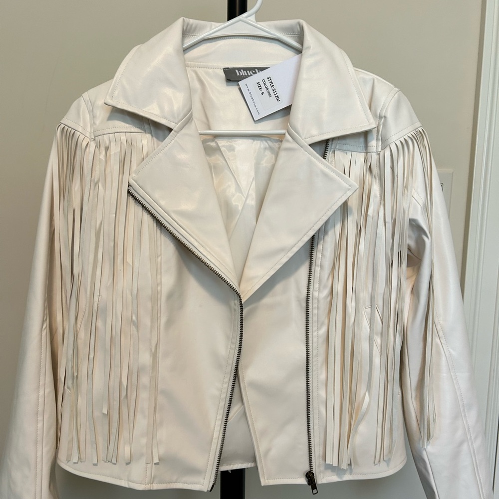 White faux leather Fringe crop Jacket